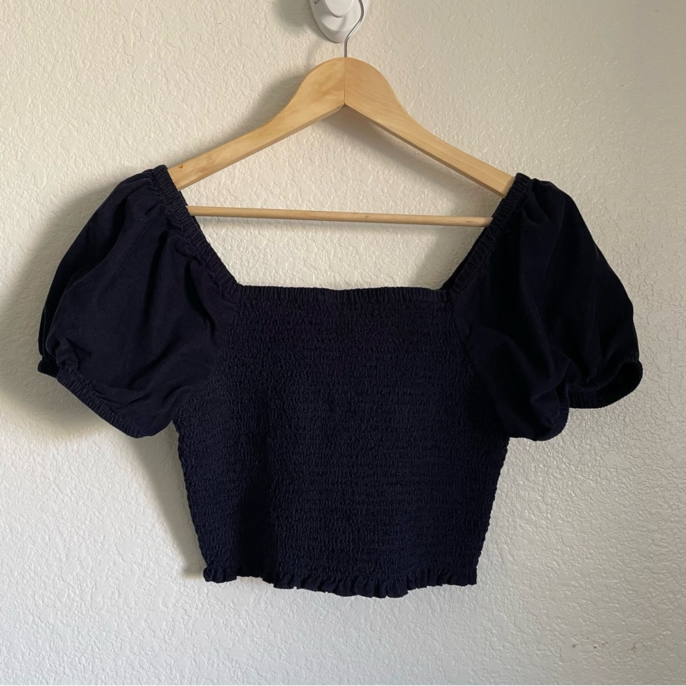 American Eagle Smocked Puff Short Sleeve Navy Blue Crop Top Ruffle Corduroy S